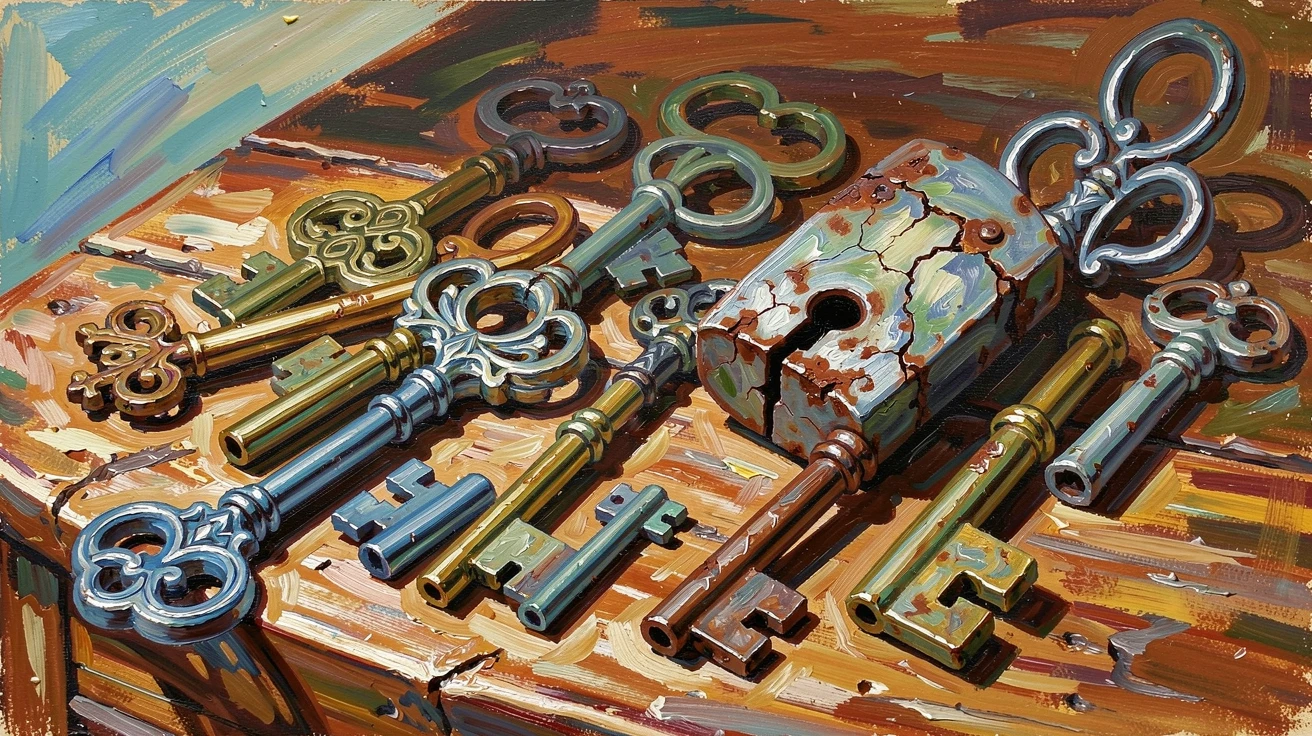 A collection of vintage keys and an old skeleton lock displayed on a wooden table.