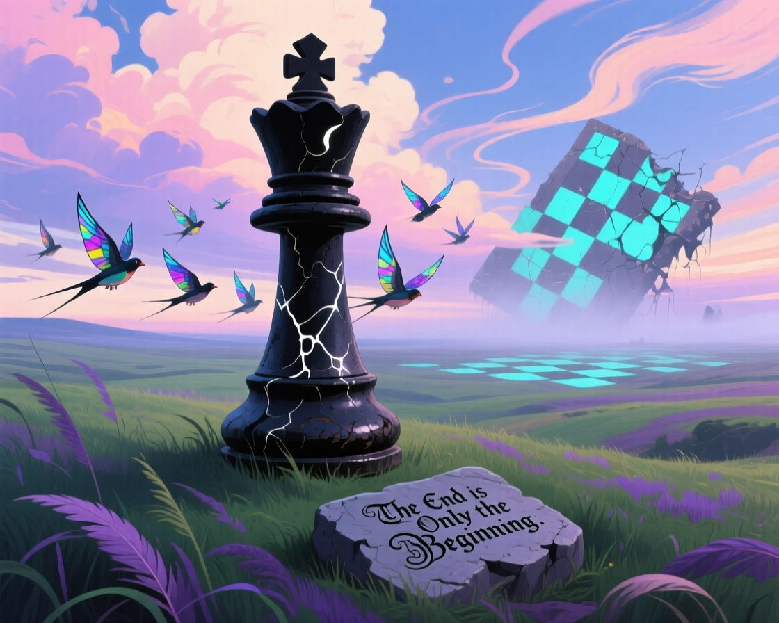 An oversized chess piece standing alone on a windswept plain sits abandoned beneath a sky streaked with soft pastel clouds, as birds circle curiously around its towering form.