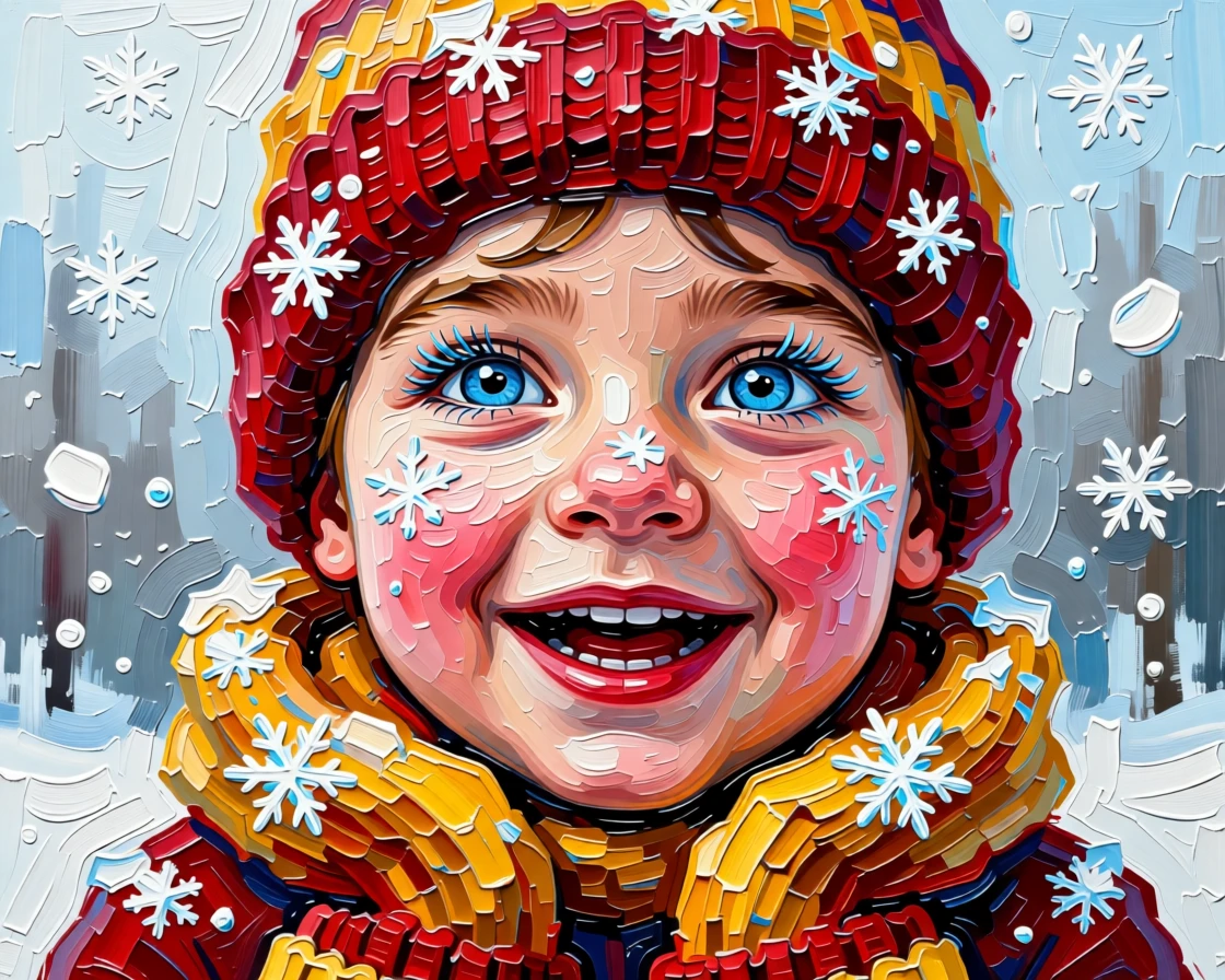 A child's face lighting up as they see snow falling for the very first time