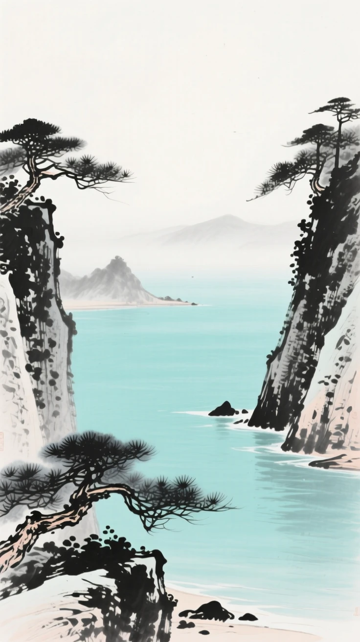 A quiet cove opens onto calm turquoise water framed by pine-covered cliffs, as mist drifts slowly across the water's surface.