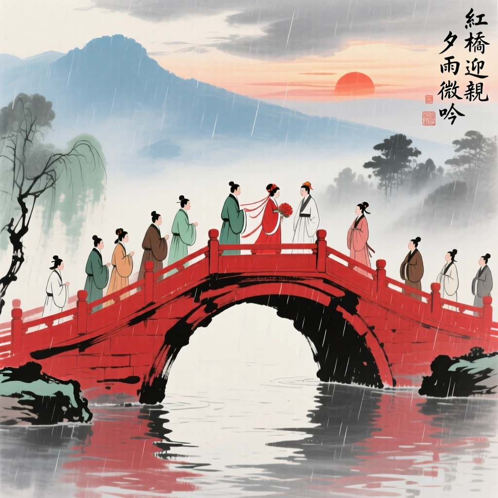 A wedding procession crossing a red lacquered bridge at sunset, just after a rain shower, in a gentle drizzle.