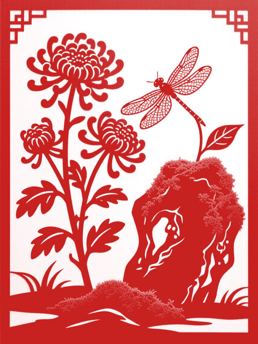A bouquet of chrysanthemums growing beside a moss-covered garden rock, while a dragonfly rests on a single leaf.