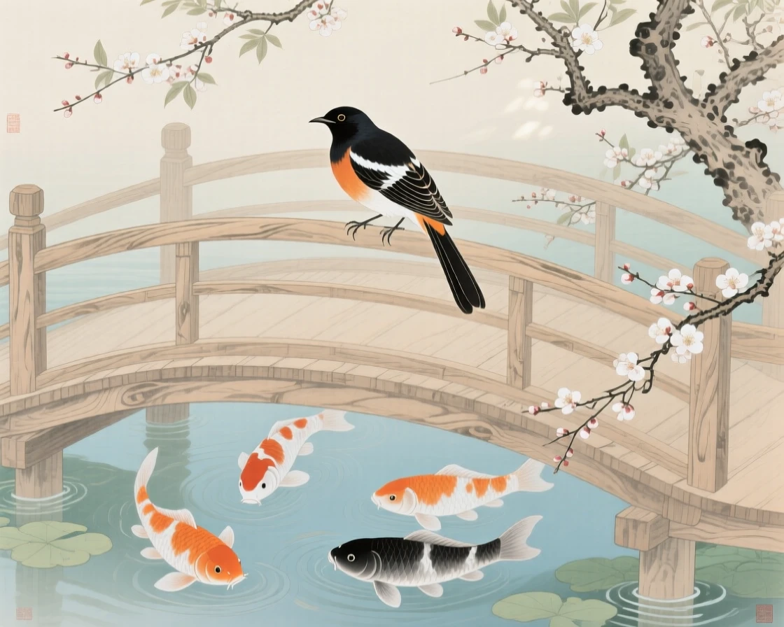 An oriole resting on a curved bridge railing over a koi pond, soft morning light filtering through the branches
