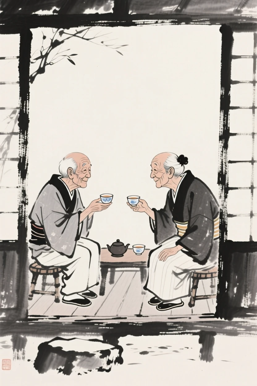 Two old friends sharing tea on a quiet veranda, captured mid-gesture in a candid, natural moment, capturing an everyday moment full of gentle humanity.