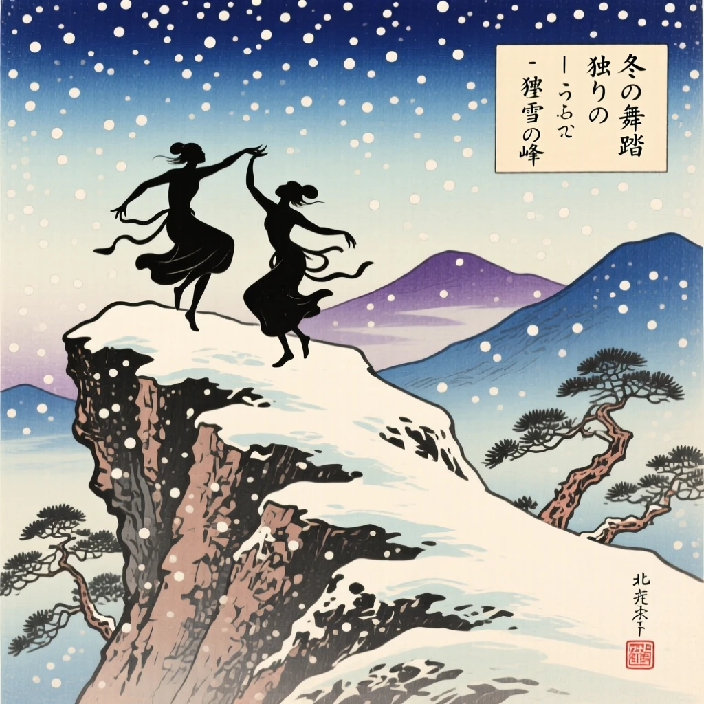 Two silhouettes dancing beneath falling snow, atop an exposed rocky ridge.