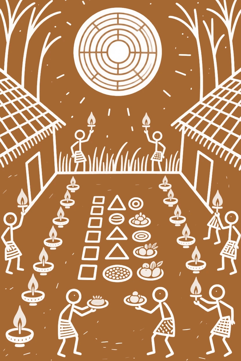 A composition centered on a moonlit courtyard framed by rows of lamps and offerings.