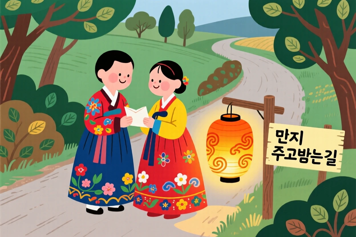 A young couple exchanging letters by lantern light along a quiet countryside road.