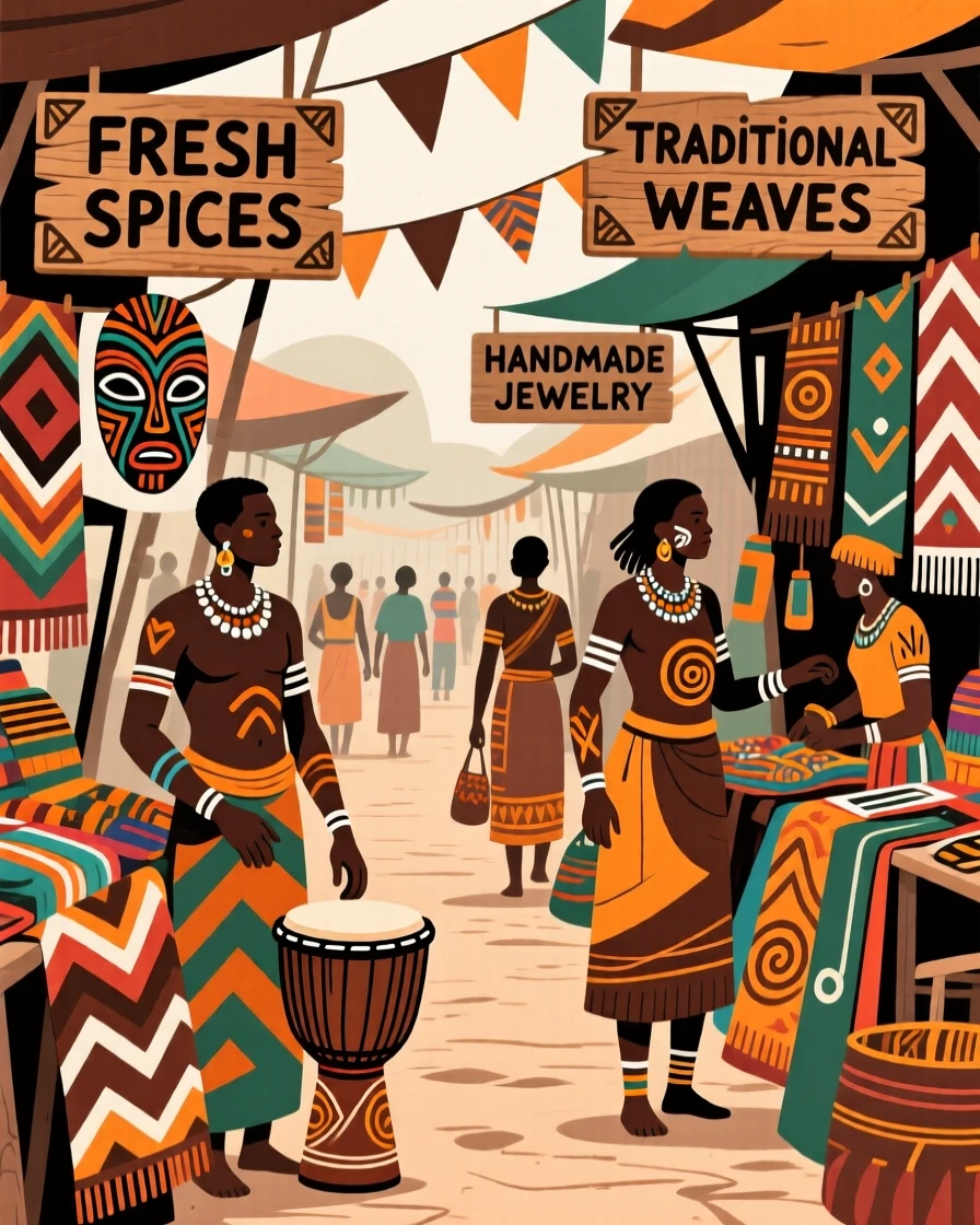 A bustling street lined with market stalls and colorful fabrics.