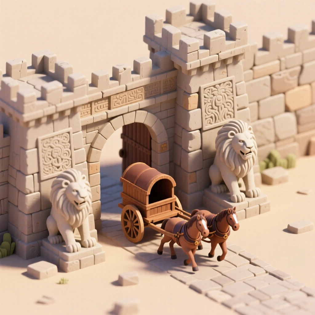 An ancient Hittite fortress city with massive stone gates guarded by carved lion statues, chariots passing through.