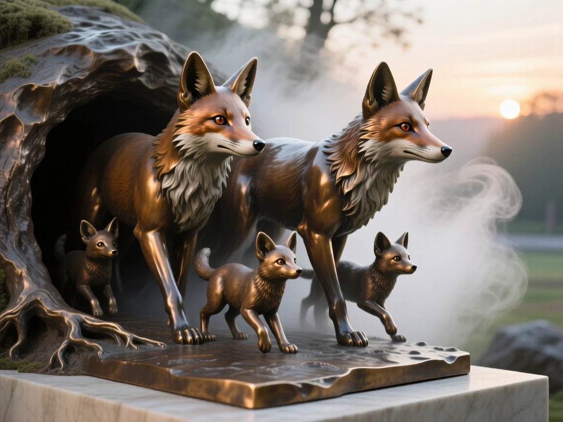 A fox family emerging from their den at dawn, surrounded by atmospheric mist and light, evoking wonder and majesty