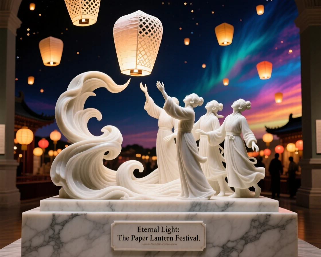 A vivid, emotionally rich scene of a paper lantern festival lighting up the night sky, under a brilliant, colorful sky, designed to captivate and inspire
