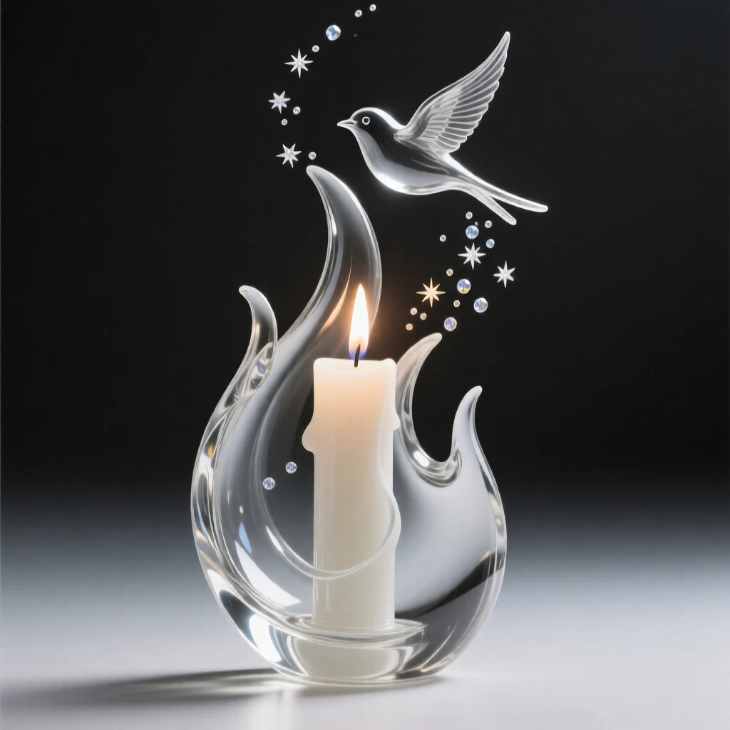 A candle flame shaped like a small rising bird while small particles drift upward like scattered stars