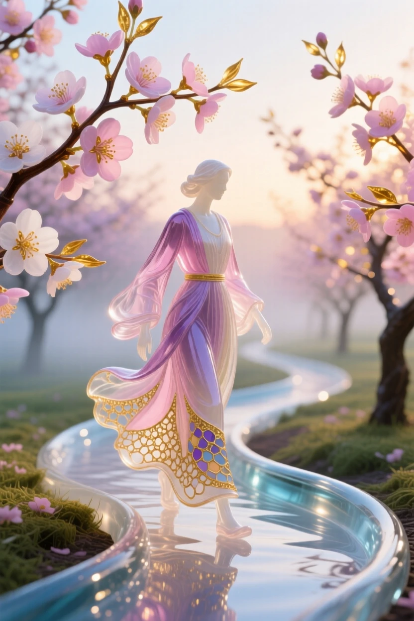 A lone traveler crossing a blossoming cherry orchard path at the very first light of morning, peaceful and picturesque.