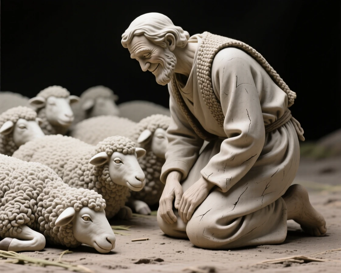 A shepherd watching over a resting flock kneeling with quiet, contemplative stillness, with a serene, knowing half-smile, evoking tenderness and quiet intimacy.
