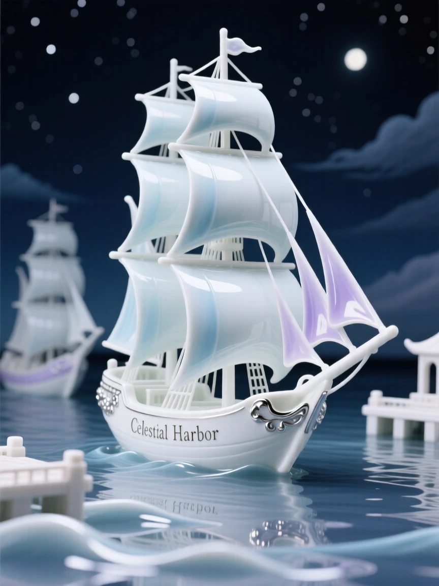 An imaginative vision of a harbor where ships sail gently through the night sky, rendered with a sense of calm, magical realism.