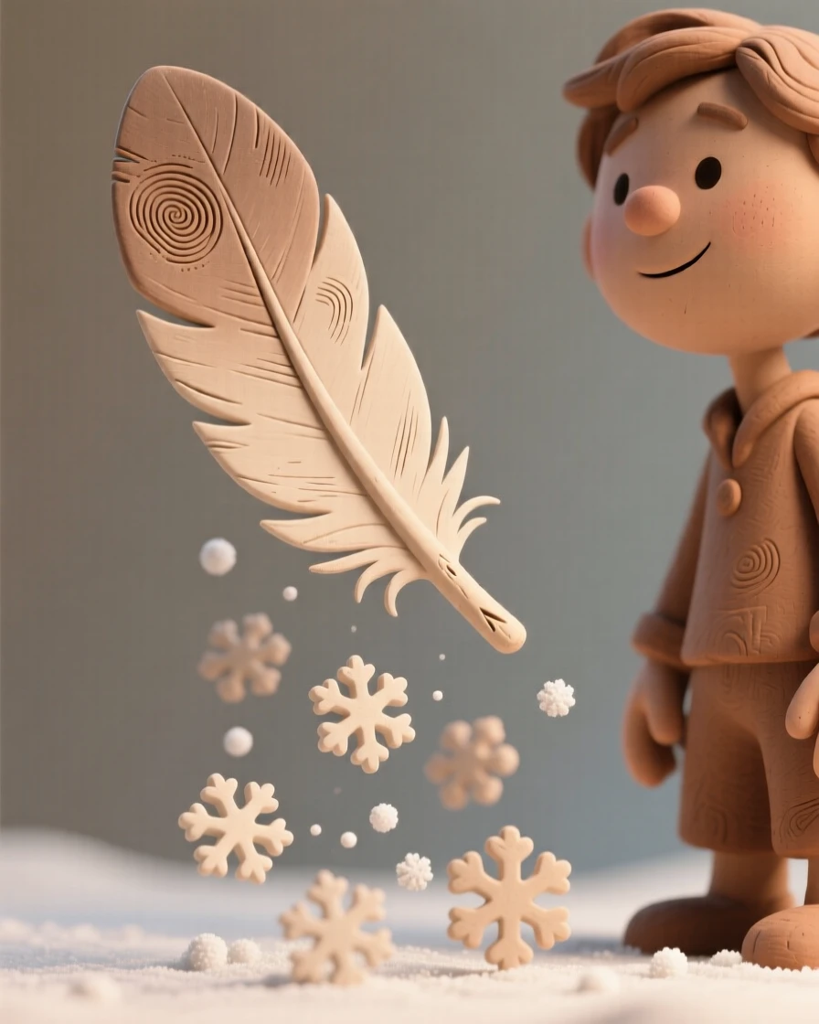 A single feather drifting down and turning into falling snow