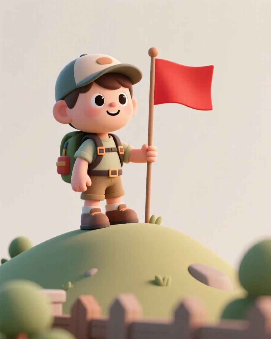 A determined young mountaineer plants a small flag on a backyard hill, pretending it's Everest's summit.