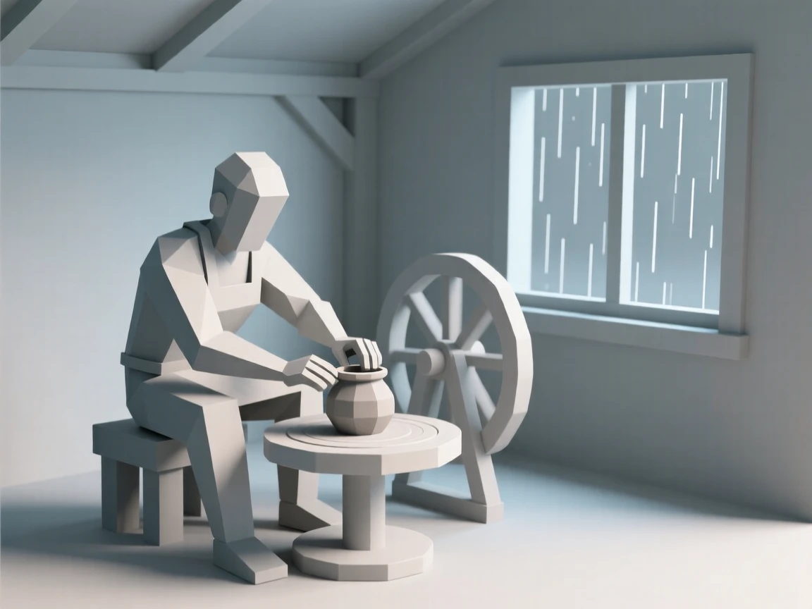 A potter shaping clay on a spinning wheel, on a quiet rainy afternoon. fine details highlight skill and craftsmanship. A quiet passion fills the moment.