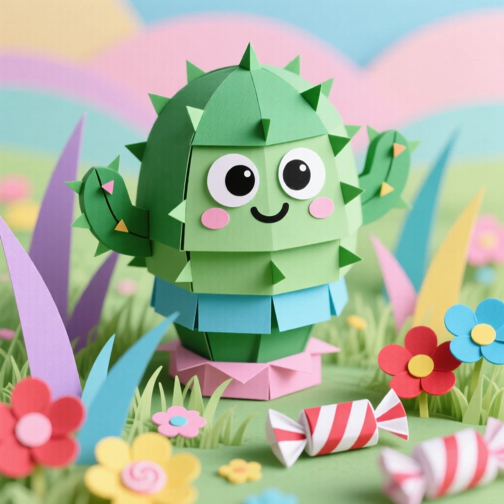 A cheerful cactus character exploring a miniature candy-colored meadow, with big round curious eyes, capturing joyful, lighthearted wonder.