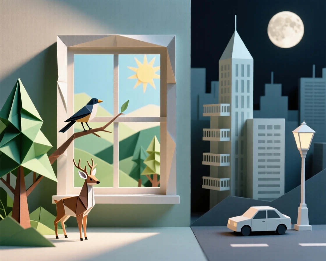 A window overlooking two completely different worlds on either side of the frame.