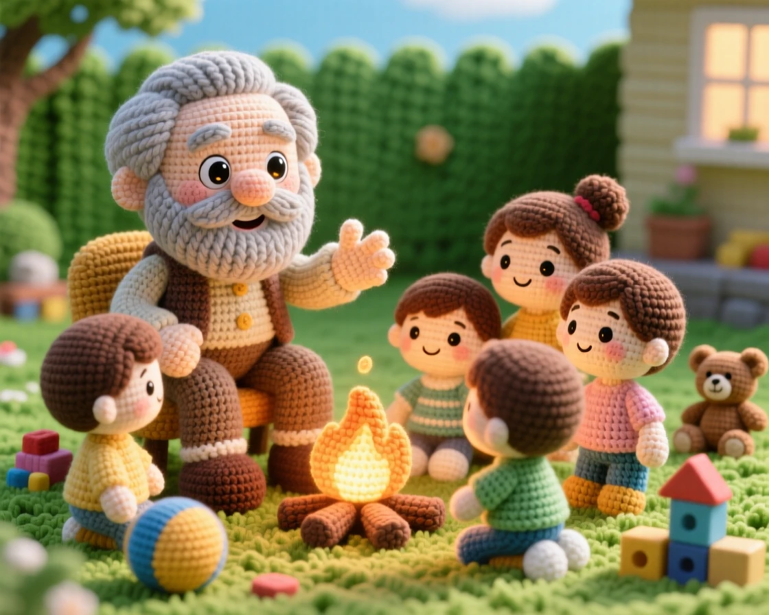 a grandfather telling stories by the fireside, with grandchildren gathered close, gesturing animatedly at an exciting part, in a sunny backyard set up for togetherness, with a scattering of toys tidied nearby, radiating deep, unconditional love and togetherness.