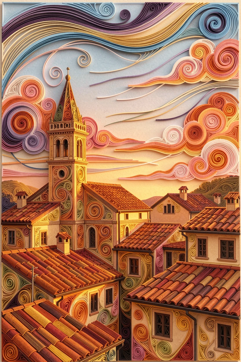A breathtaking view of the rooftops of a Tuscan hill town at golden hour beneath dramatic clouds catching the last light of day, with delicate clouds streaked across the horizon, composed with the landmark as a striking central focal point.