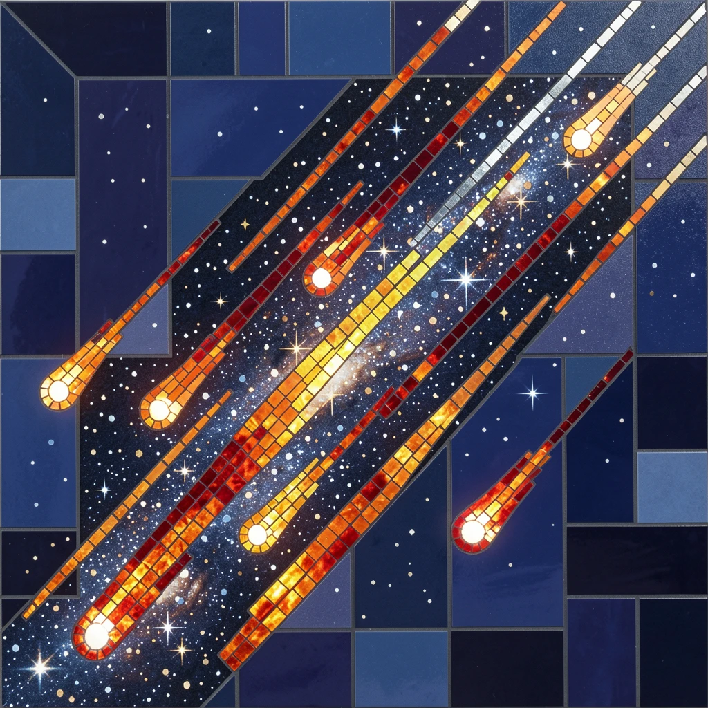 A breathtaking cosmic view of a meteor shower streaking across a star-filled night sky, with rich stars and glowing light.