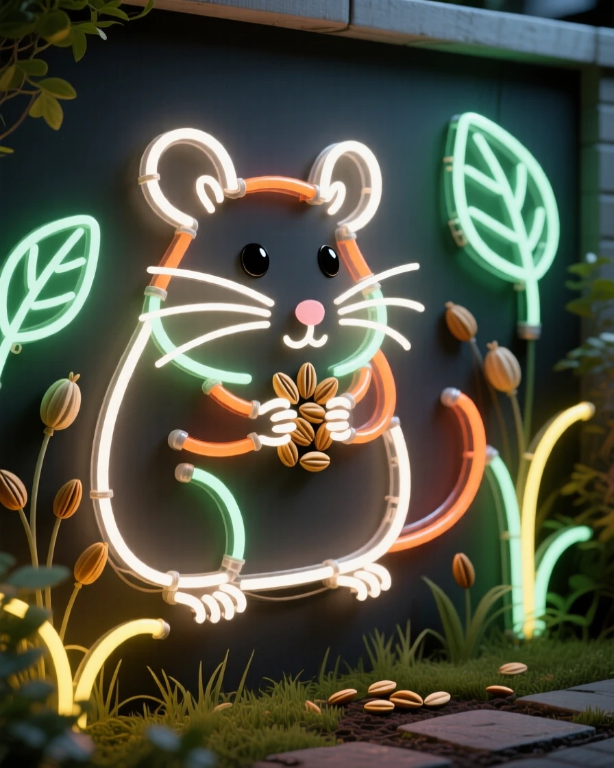 a tiny hamster stuffing its cheeks with seeds in a quiet backyard garden.