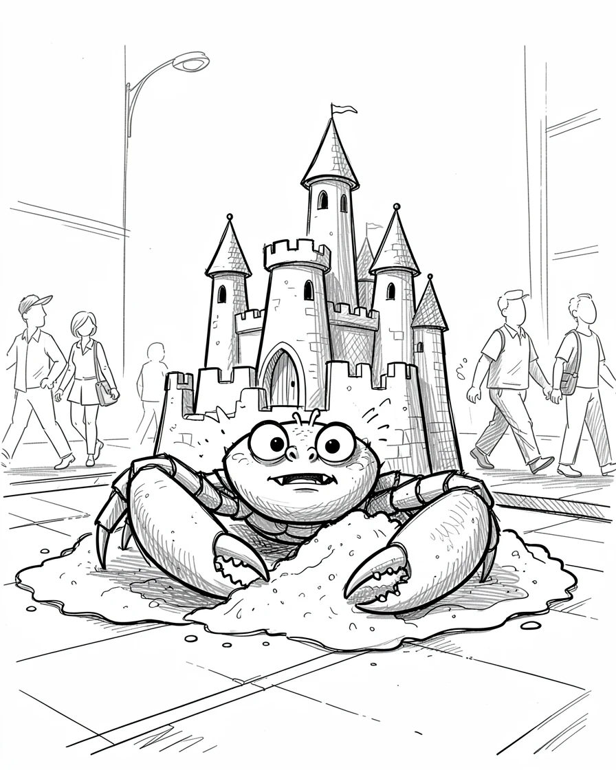 A crab building a sandcastle bigger than itself on a busy city sidewalk.