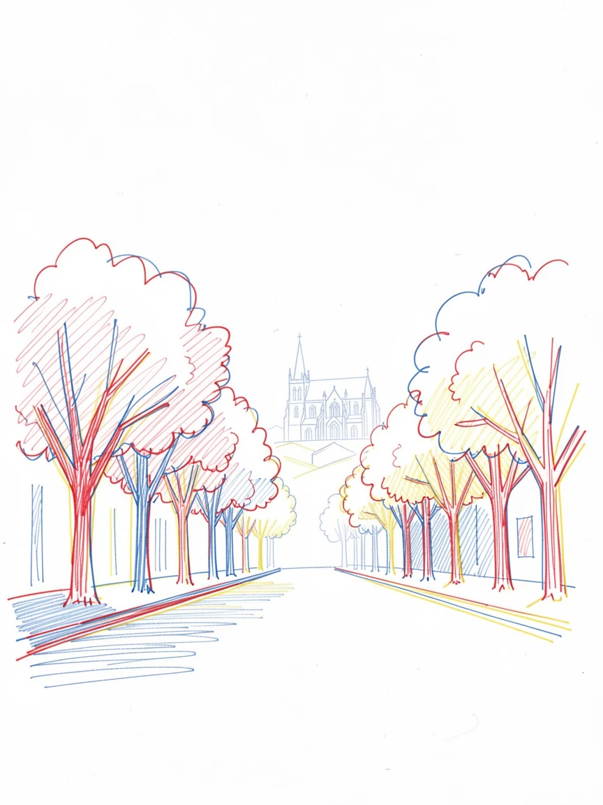 A quiet street lined with blooming trees leading toward a distant cathedral