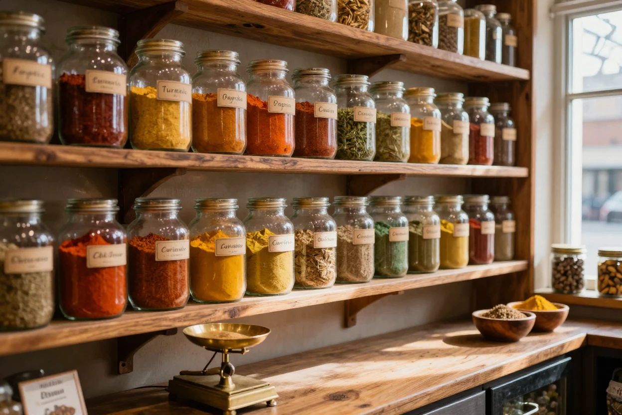 A spice shop with jars of vibrant colored powders