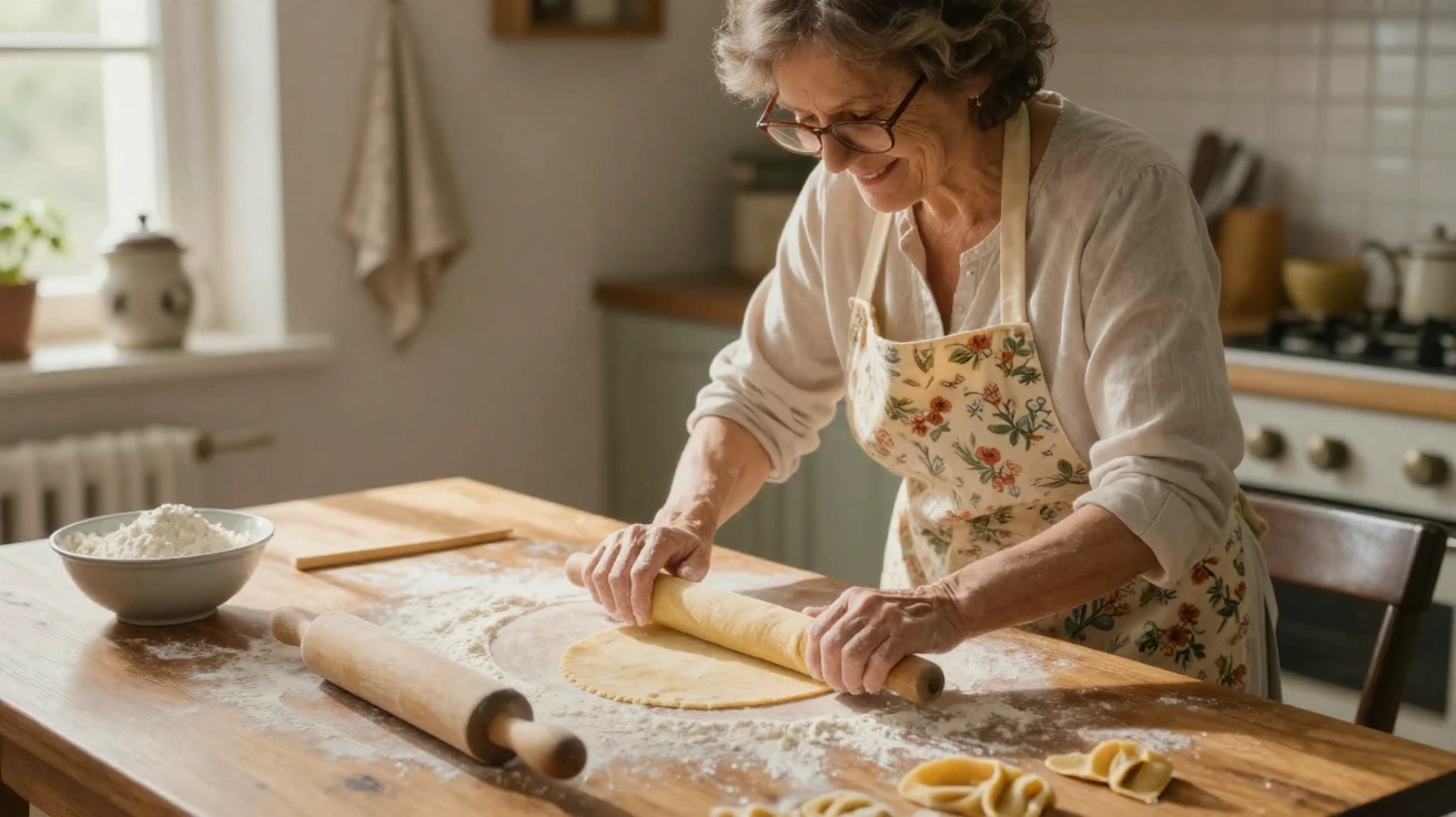 A grandmother rolls fresh pasta by hand on a flour-covered wooden table.
