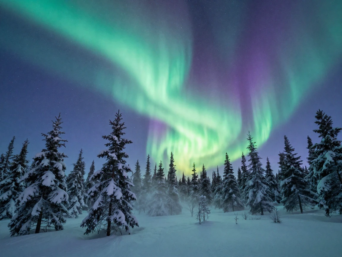 Northern lights swirling in ribbons of green and violet above a snowy forest