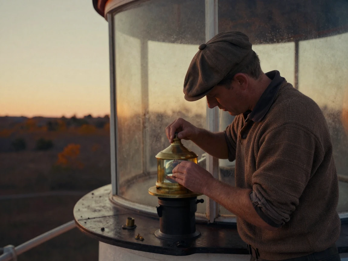 A lighthouse keeper polishing the brass lens of an old lamp, under a glowing sunset sky, in still, windless air, in the mild days of early autumn, in earthy terracotta and ochre shades, shot from directly overhead.