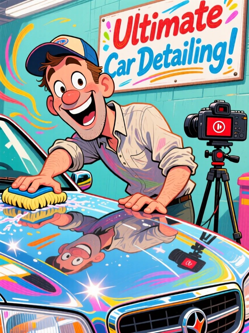 A man doing a car detailing video, buffing a shiny hood to a mirror shine.