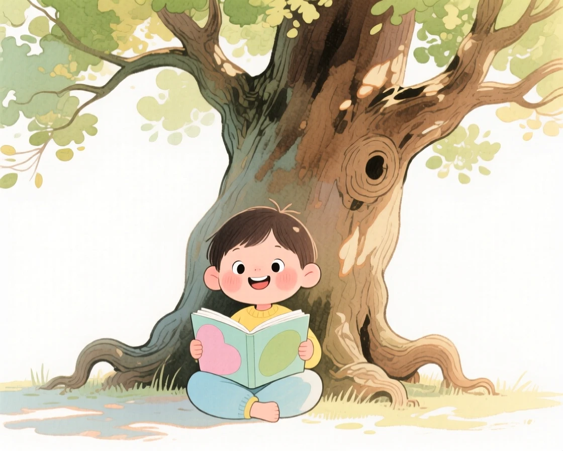 A heartwarming scene of a child reading a picture book under a big oak tree