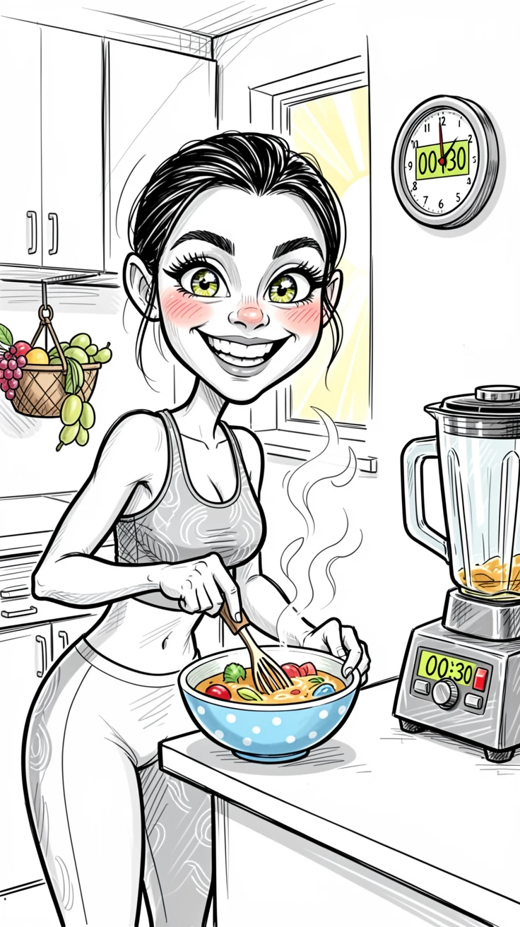 [Trending & Universal Topics] Modern lifestyle scene of a stylish home fitness enthusiast trying out a viral recipe in the kitchen, capturing everyday joy