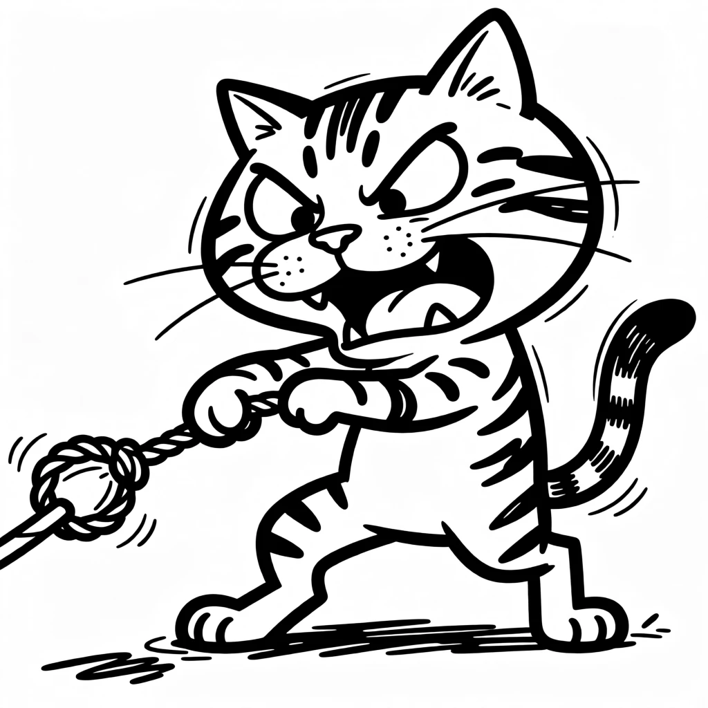 A tabby cat playing tug of war with a rope toy, back paws braced and determined.