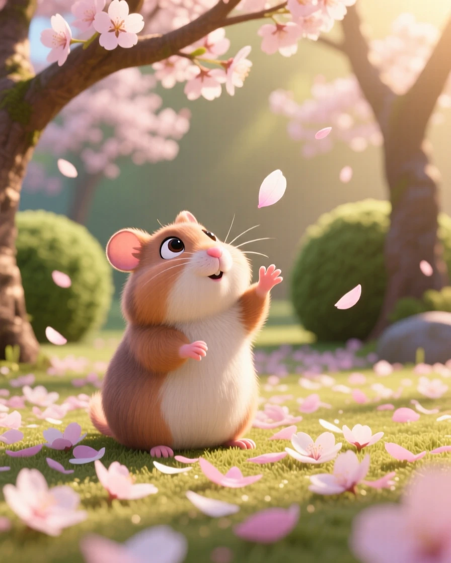 A plump hamster is playing among fallen cherry blossom petals, looking up with big curious eyes. The scene feels warm and heartwarming, with soft light catching its fur.