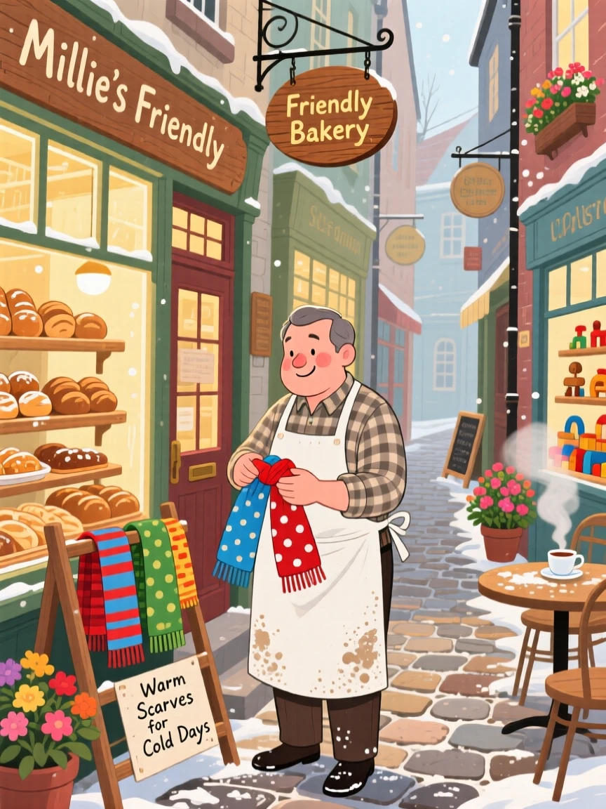 A baker dusted in flour pauses while wrapping scarves for winter customers in a narrow alley lined with shops, with the smell of fresh bread drifting through the air.