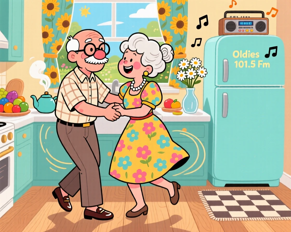 An elderly couple slow dancing in their kitchen to an old song.