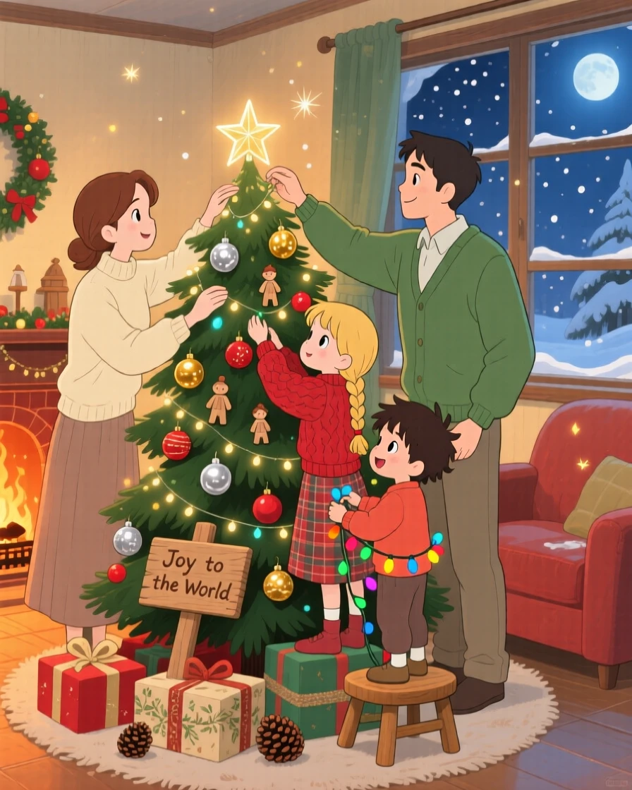 A family decorating a Christmas tree together, the scene quietly joyful.