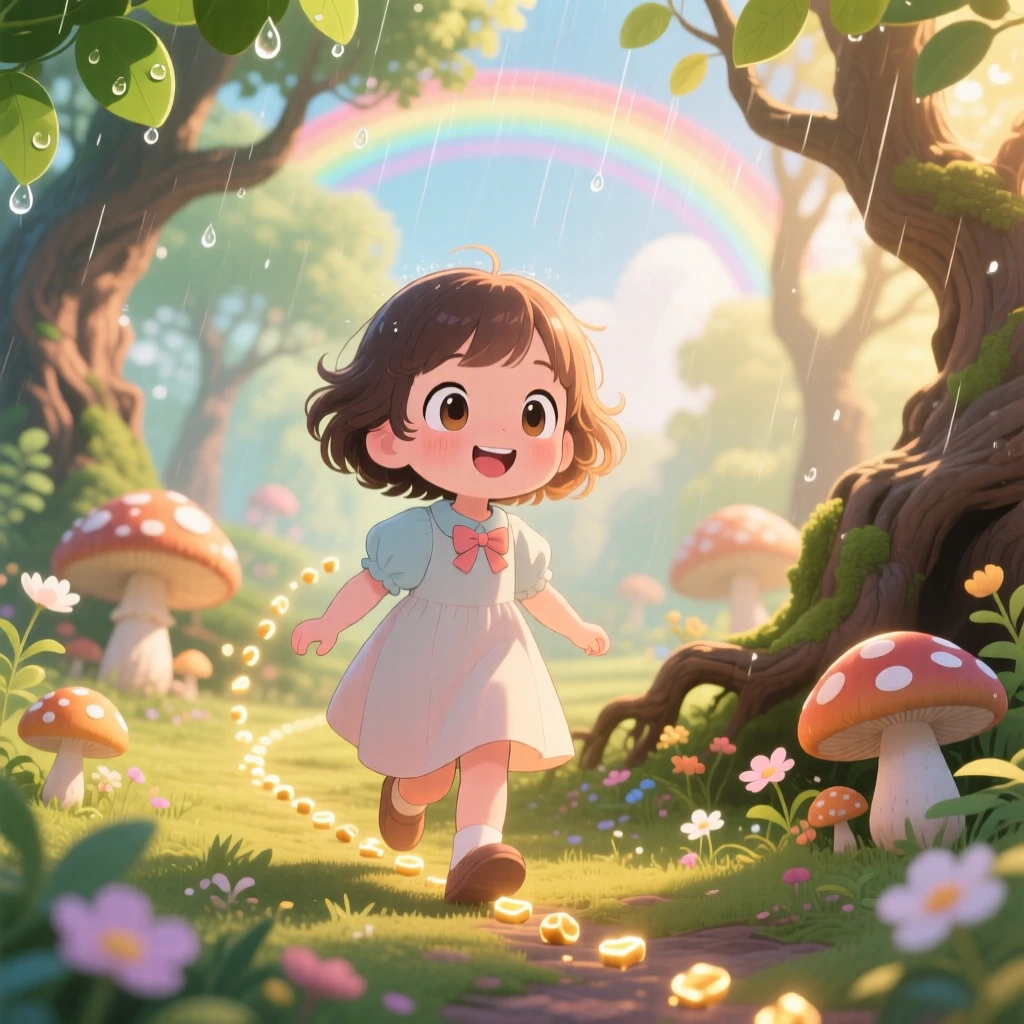 Waist-up portrait of a little girl, leaving a trail of breadcrumbs through the woods, in an enchanted storybook forest, under a rainbow after the rain, illuminated by soft golden-hour sunlight, radiating curious excitement.