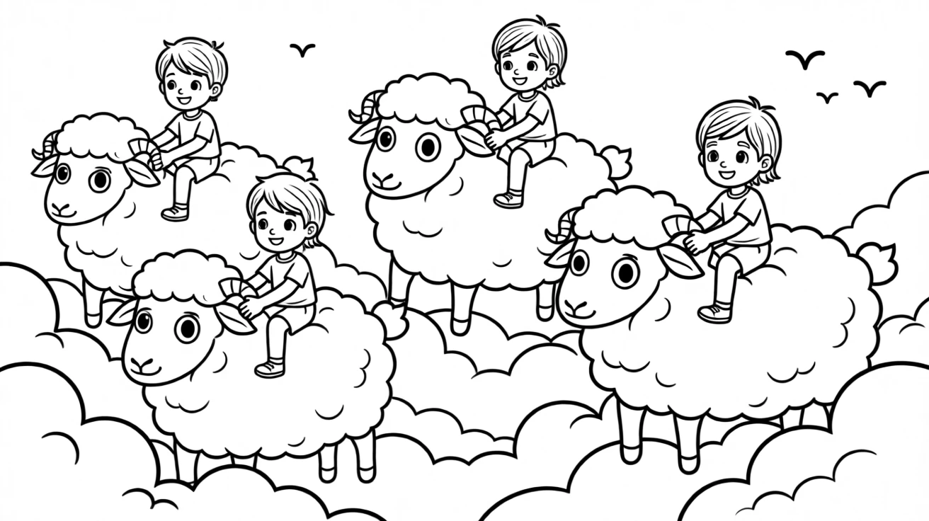 A land in the clouds where children ride fluffy cloud sheep