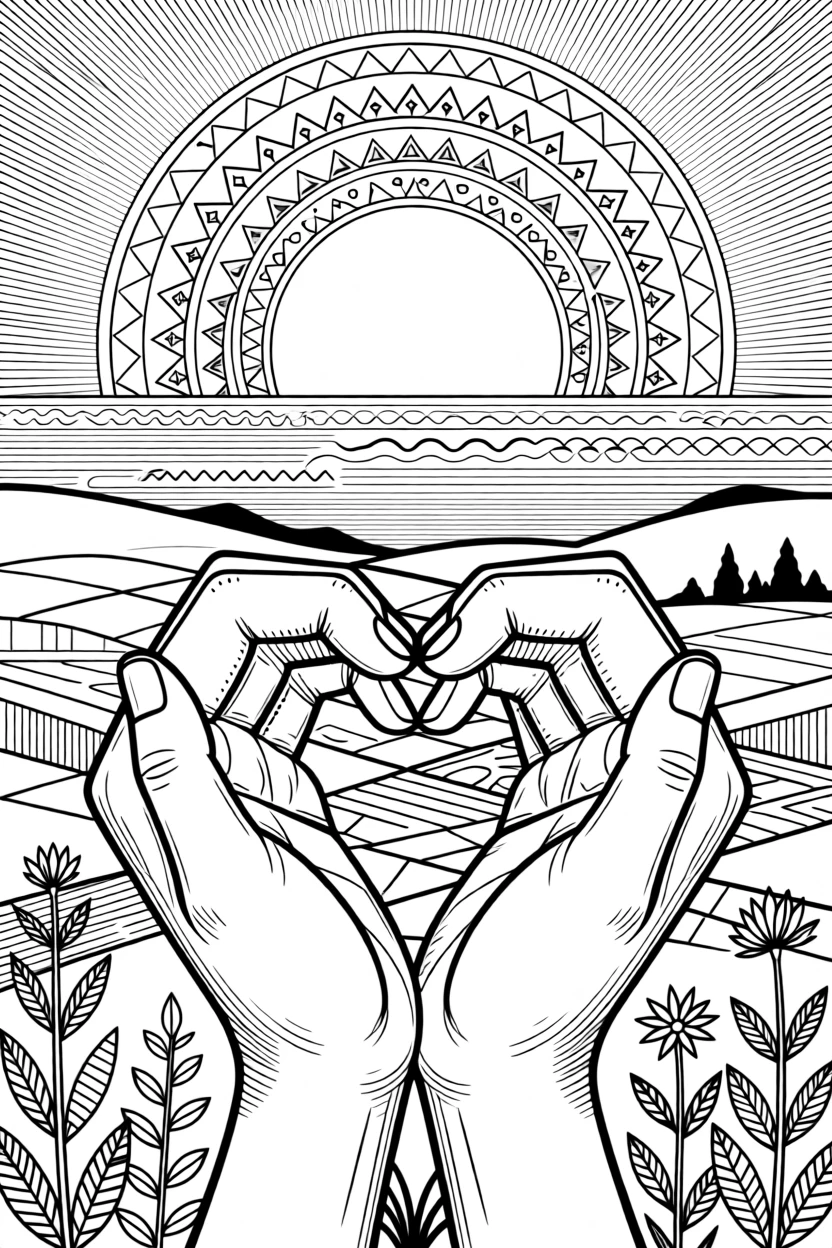 A pair of hands forming a heart shape silhouetted against a sunset.
