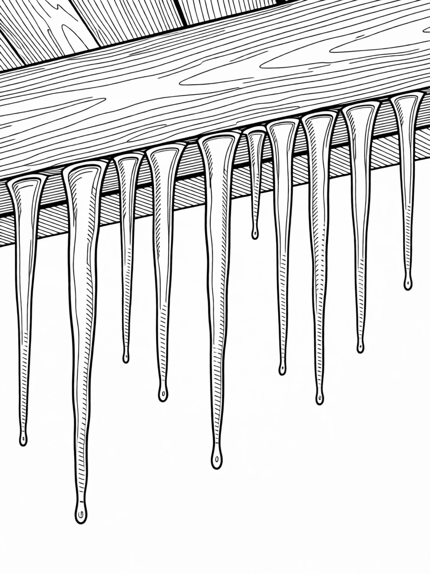 A row of icicles hanging from a rustic wooden eave