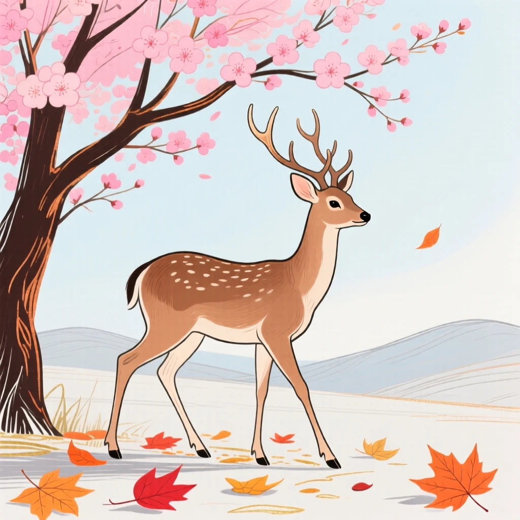 A gentle deer wandering under a blossoming tree on a crisp autumn day.