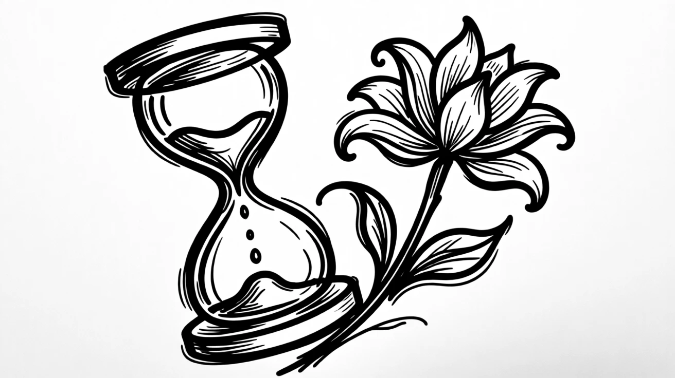 A single hourglass with golden sand falling beside a blooming flower.