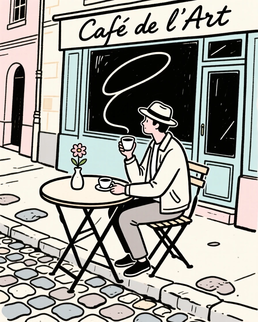 A traveler sitting at a cafe table overlooking a cobblestone European street.
