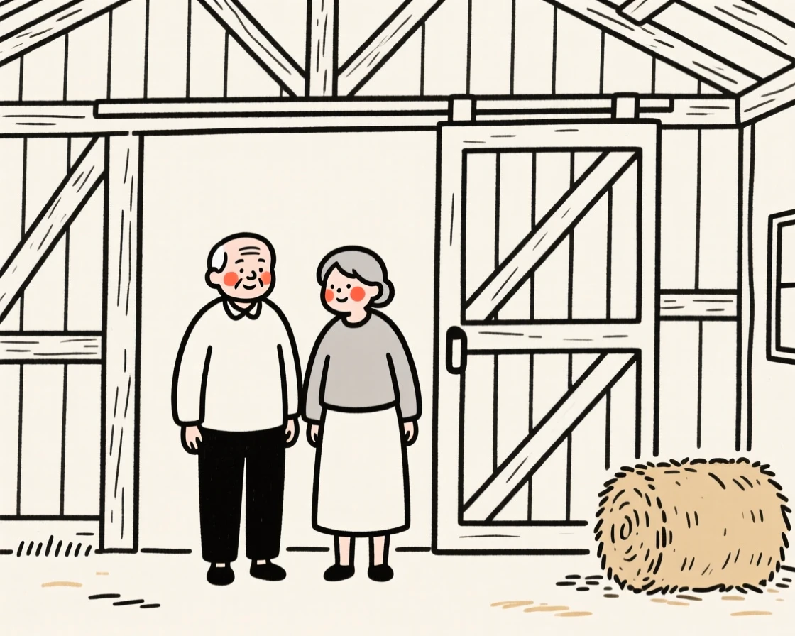 An elderly couple, looking serene and at peace, in a rustic barn.